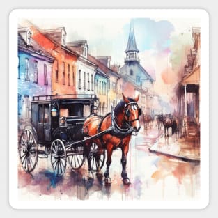 Artist illustration of an idealist town from the horse and buggy days. Magnet